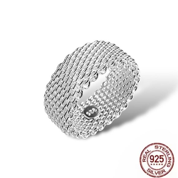 NWT Flexible Mesh Wide Band Ring Sz.9 S925 Sterling Silver Stamped - Picture 1 of 8